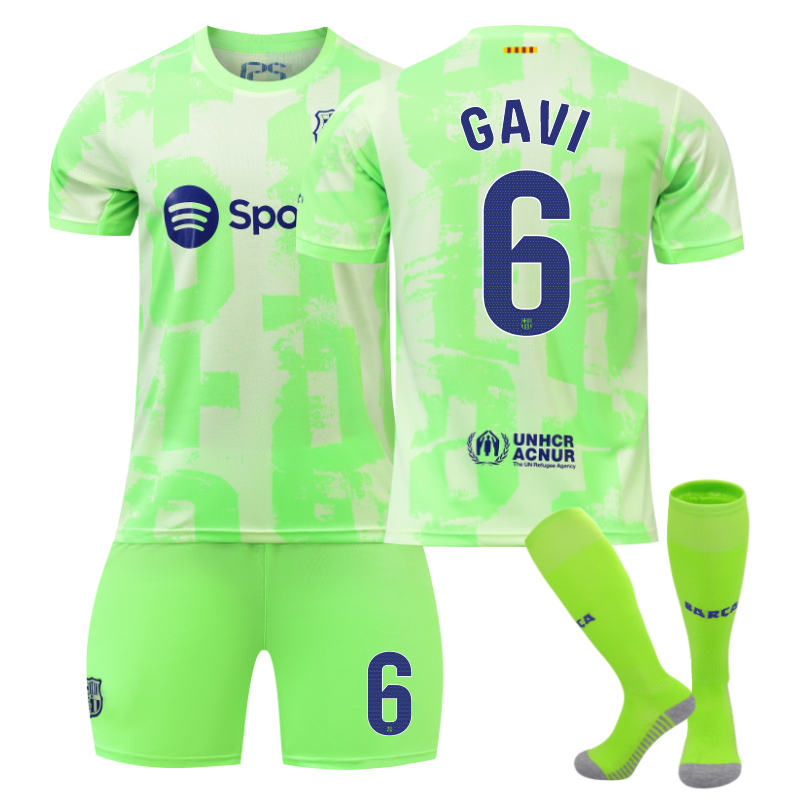 UONNO Barcelona Second Away GAVI #6 Soccer Jersey for Kids Adult 3 Pcs Outfits