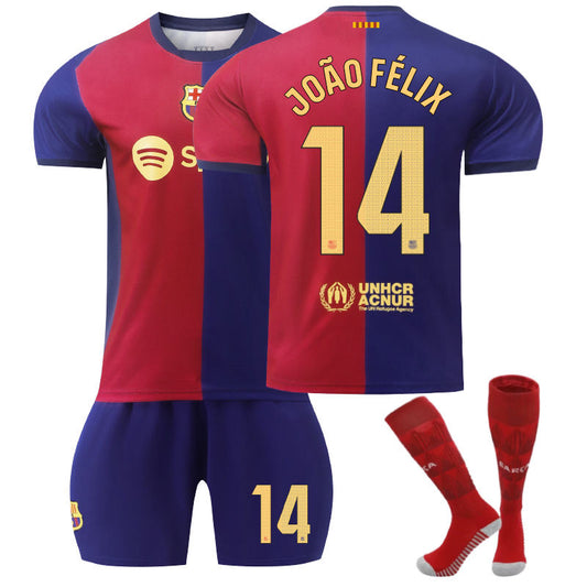 UONNO Barcelona Home JOAO FELIX #14 Soccer Jersey for Kids Adult 3 Pcs Outfits