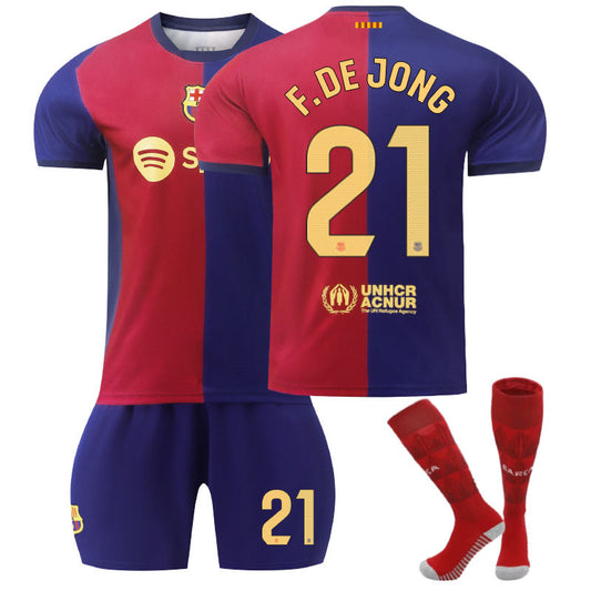 UONNO Barcelona Home F.DE JONG #21 Soccer Jersey for Kids Adult 3 Pcs Outfits