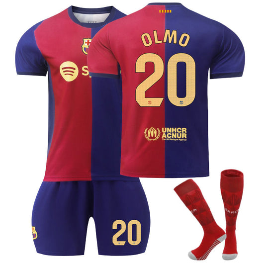 UONNO Barcelona Home OLMO #20 Soccer Jersey for Kids Adult 3 Pcs Outfits