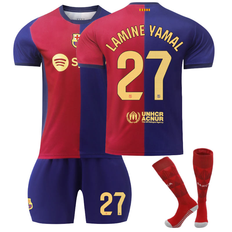 UONNO Barcelona Home LAMINE YAMAL #27 Soccer Jersey for Kids Adult 3 Pcs Outfits