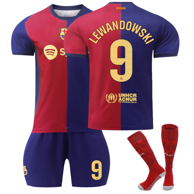 UONNO Barcelona Home LEWANDOWSKI #9 Soccer Jersey for Kids Adult 3 Pcs Outfits