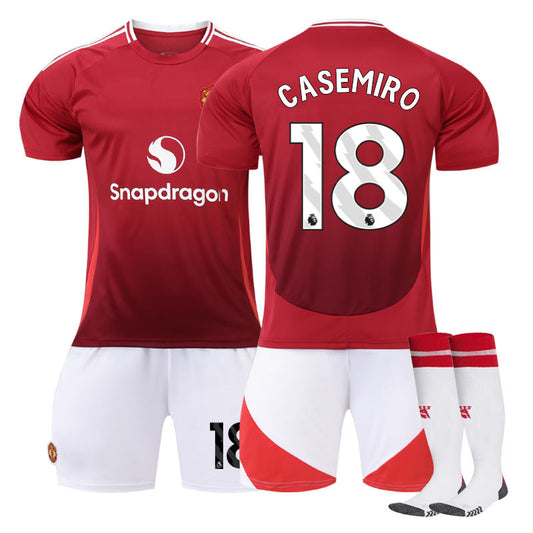 UONNO Red Devil Home CASEMIRO #18 Soccer Jersey for Kids Adult 3 Pcs Outfits