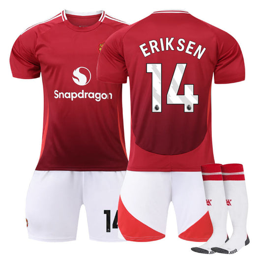 UONNO Red Devil Home ERIKSEN #14 Soccer Jersey for Kids Adult 3 Pcs Outfits