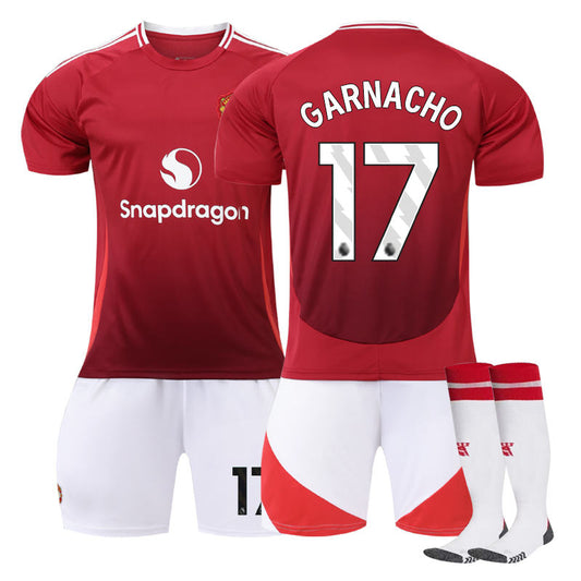 UONNO Red Devil Home GARNACHO #17 Soccer Jersey for Kids Adult 3 Pcs Outfits