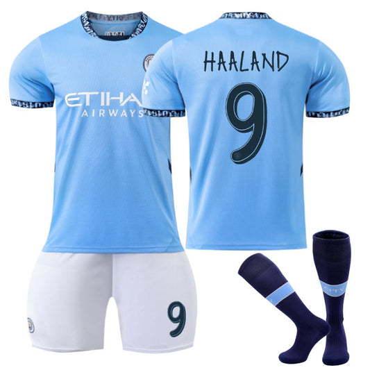 UONNO Manchester City Home UEFA HAALAND #9 Soccer Jersey for Kids Adult 3 Pcs Outfits