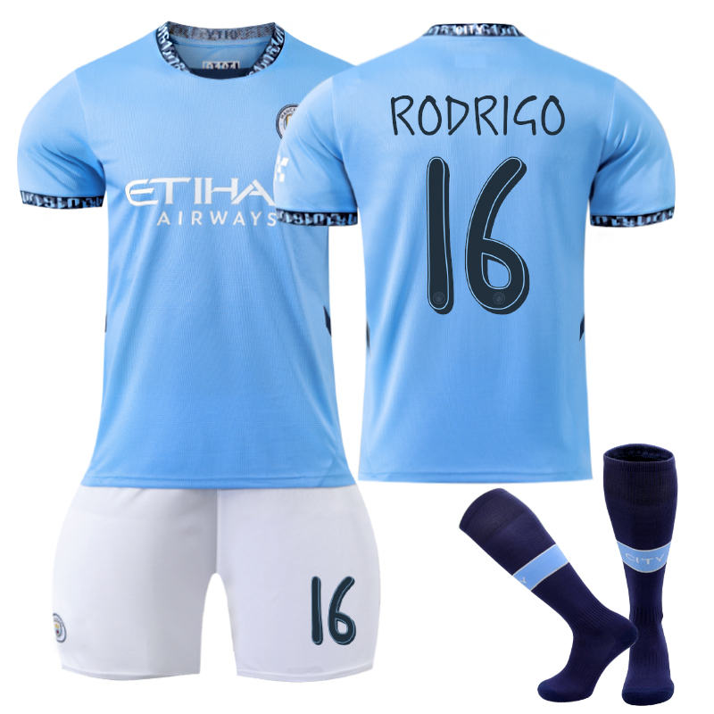 UONNO Manchester City Home UEFA RODRIGO #16 Soccer Jersey for Kids Adult 3 Pcs Outfits