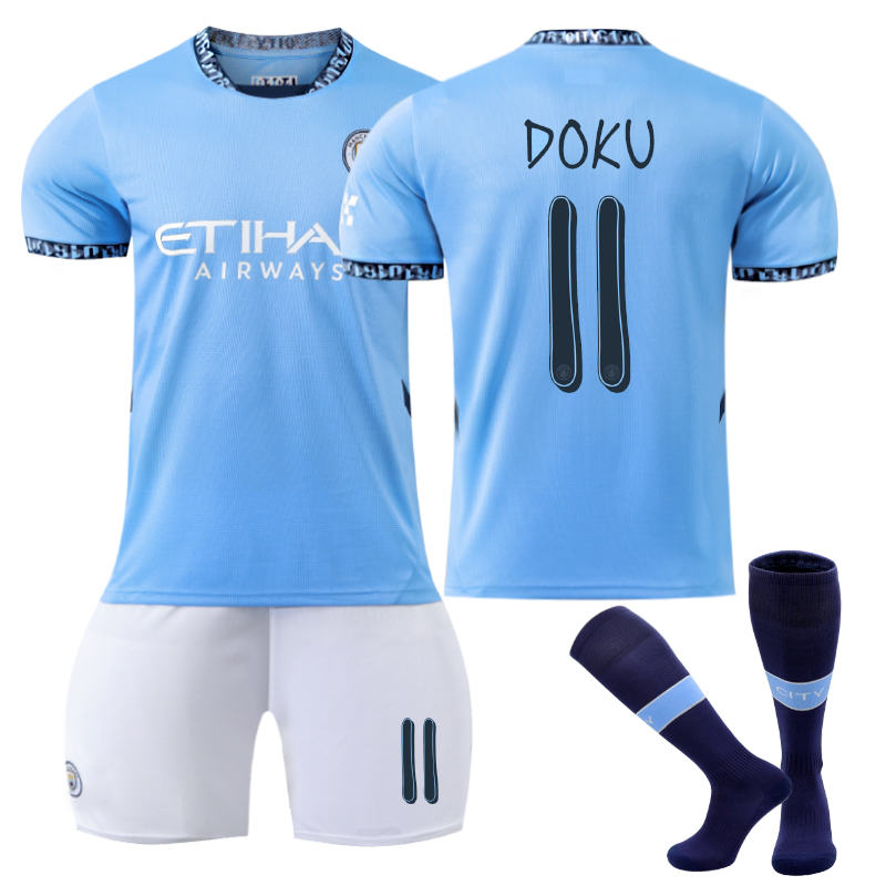 UONNO Manchester City Home UEFA DOKU #11 Soccer Jersey for Kids Adult 3 Pcs Outfits