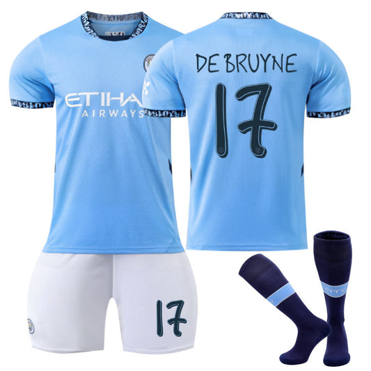 UONNO Manchester City Home UEFA DE BRUYNE #17 Soccer Jersey for Kids Adult 3 Pcs Outfits