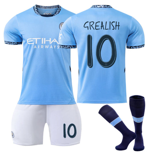 UONNO Manchester City Home UEFA GREALISH #10 Soccer Jersey for Kids Adult 3 Pcs Outfits