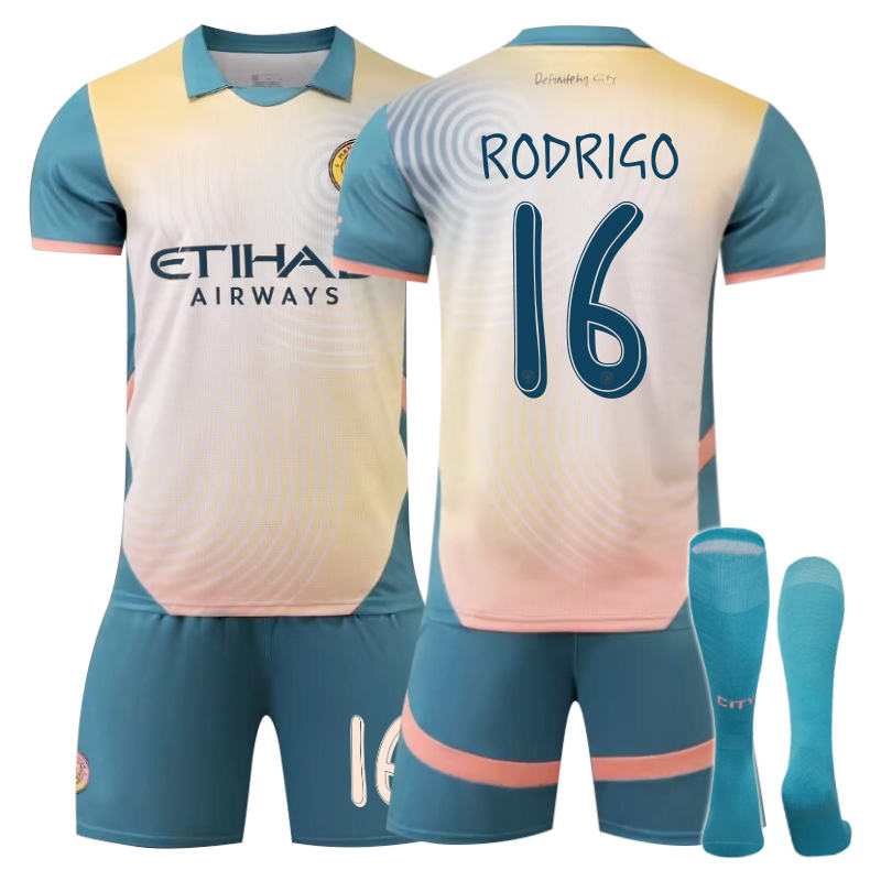 UONNO Manchester City Third Away RODRIGO #16 Soccer Jersey for Kids Adult 3 Pcs Outfits