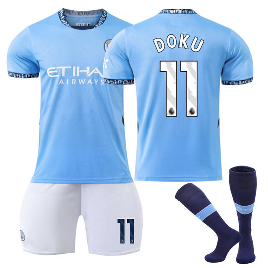 UONNO Manchester City Home DOKU #11 Soccer Jersey for Kids Adult 3 Pcs Outfits