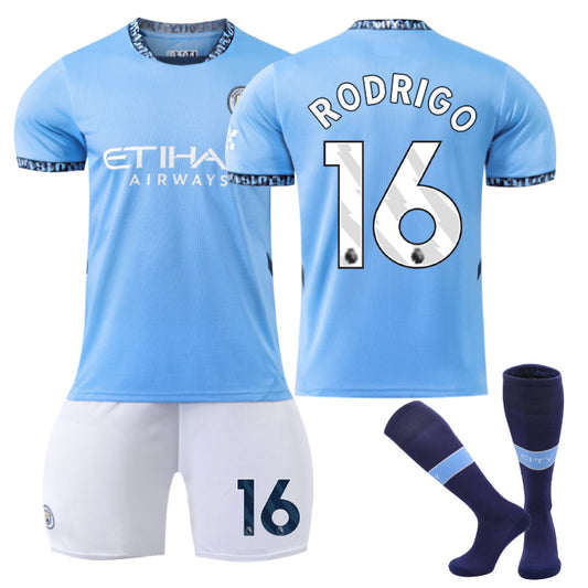 UONNO Manchester City Home RODRIGO #16 Soccer Jersey for Kids Adult 3 Pcs Outfits