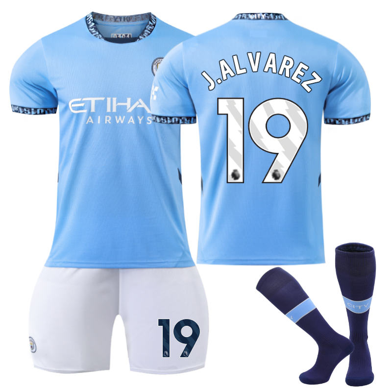 UONNO Manchester City Home J.ALVAREZ #19 Soccer Jersey for Kids Adult 3 Pcs Outfits