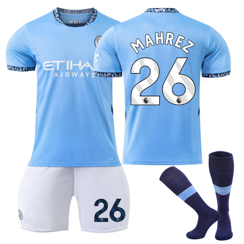 UONNO Manchester City Home MAHREZ #26 Soccer Jersey for Kids Adult 3 Pcs Outfits