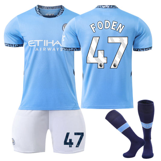 UONNO Manchester City Home FODEN #47 Soccer Jersey for Kids Adult 3 Pcs Outfits