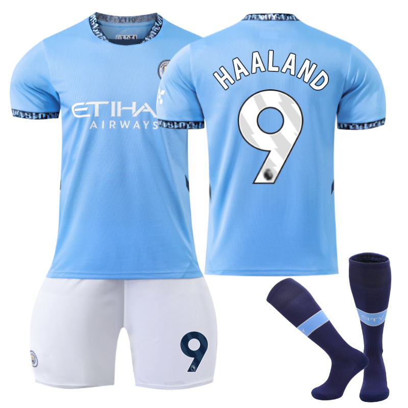 UONNO Manchester City Home HAALAND #9 Soccer Jersey for Kids Adult 3 Pcs Outfits