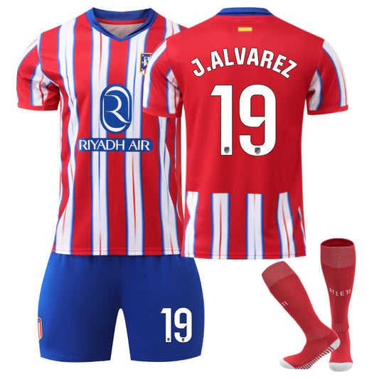 UONNO Atletico Madrid Home J.ALVAREZ #19 Soccer Jersey for Kids Adult 3 Pcs Outfits