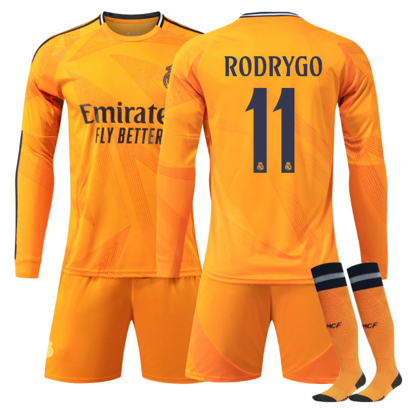 UONNO Real Madrid Away RODRYGO #11 Soccer Jersey Kids Adult 3Pcs Long Sleeve Outfits