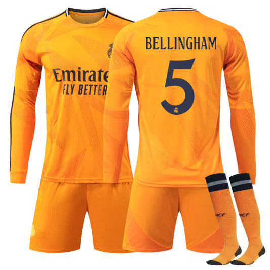 UONNO Real Madrid Away BELLINGHAM #5 Soccer Jersey Kids Adult 3Pcs Long Sleeve Outfits