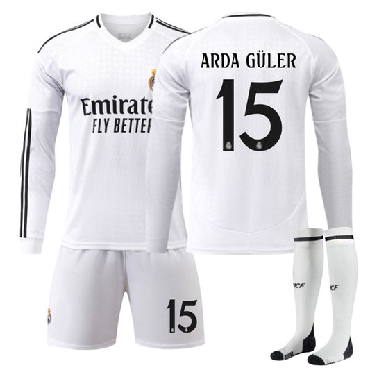 UONNO Real Madrid Home ARDA GULER #15 Soccer Jersey Kids Adult 3Pcs Long Sleeve Outfits