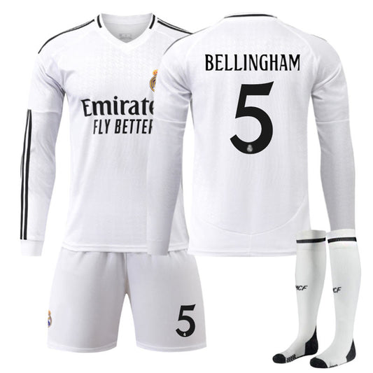 UONNO Real Madrid Home BELLINGHAM #5 Soccer Jersey Kids Adult 3Pcs Long Sleeve Outfits