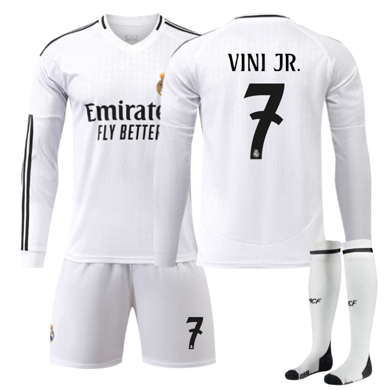 UONNO Real Madrid Home VINI JR. #7 Soccer Jersey Kids Adult 3Pcs Long Sleeve Outfits