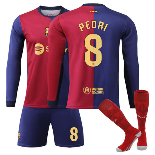 UONNO Barcelona Home PEDRI #8 Soccer Jersey Kids Adult 3Pcs Long Sleeve Outfits