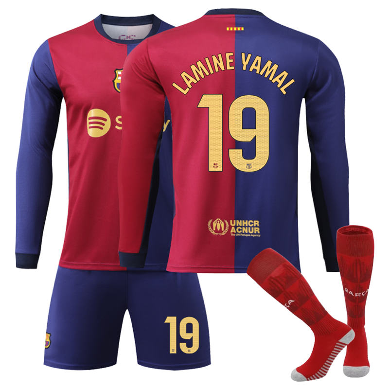 UONNO Barcelona Home LAMINE YAMAL #19 Soccer Jersey Kids Adult 3Pcs Long Sleeve Outfits