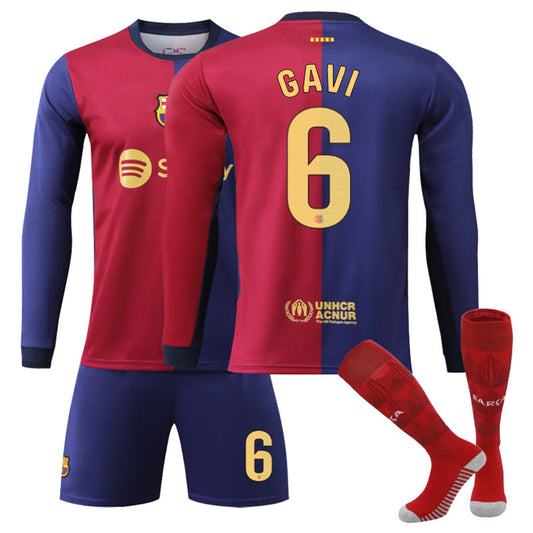 UONNO Barcelona Home GAVI #6 Soccer Jersey Kids Adult 3Pcs Long Sleeve Outfits