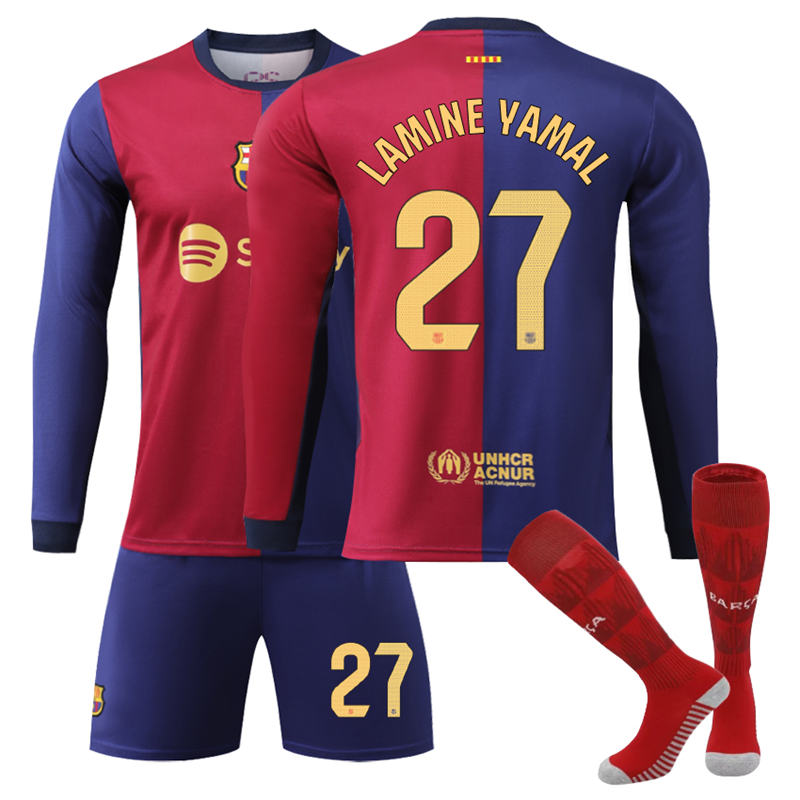 UONNO Barcelona Home LAMINE YAMAL #27 Soccer Jersey Kids Adult 3Pcs Long Sleeve Outfits