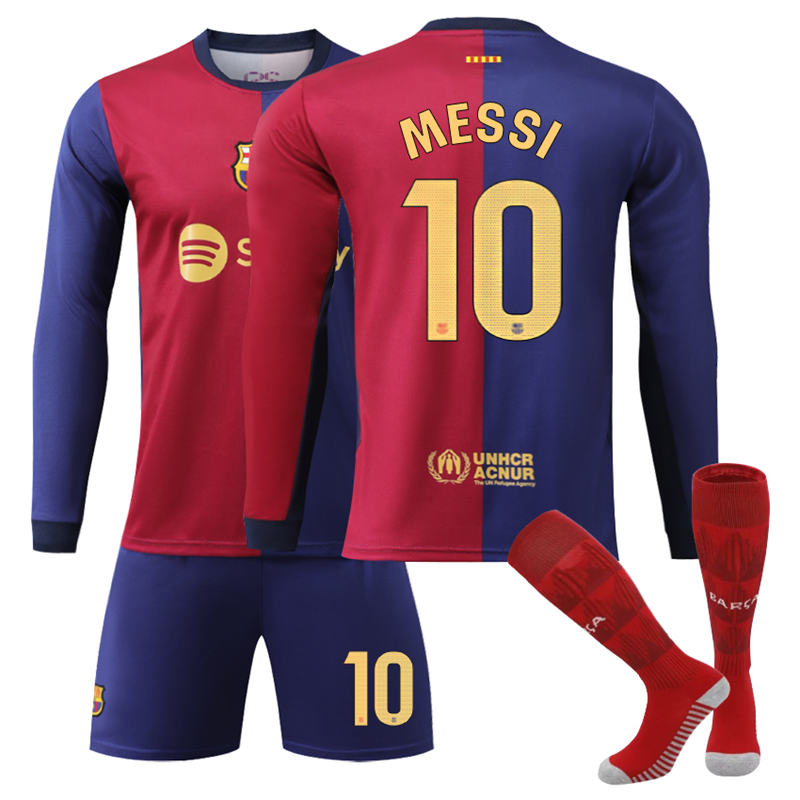 UONNO Barcelona Home MESSI #10 Soccer Jersey Kids Adult 3Pcs Long Sleeve Outfits