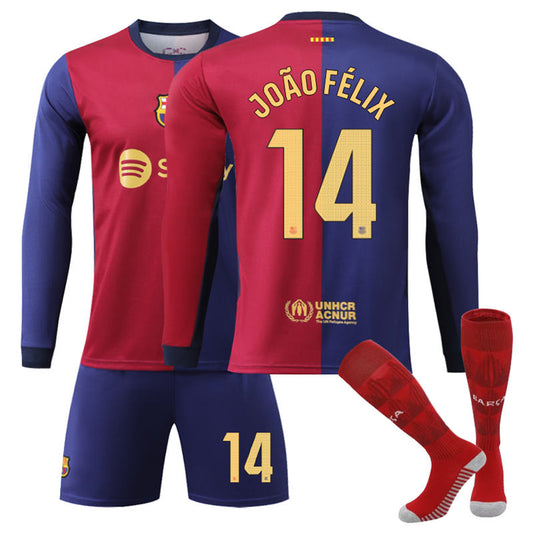 UONNO Barcelona Home JOAO FELIX #14 Soccer Jersey Kids Adult 3Pcs Long Sleeve Outfits