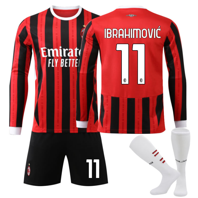 UONNO AC Milan Home IBRAHIMOVIC #11 Soccer Jersey Kids Adult 3Pcs Long Sleeve Outfits