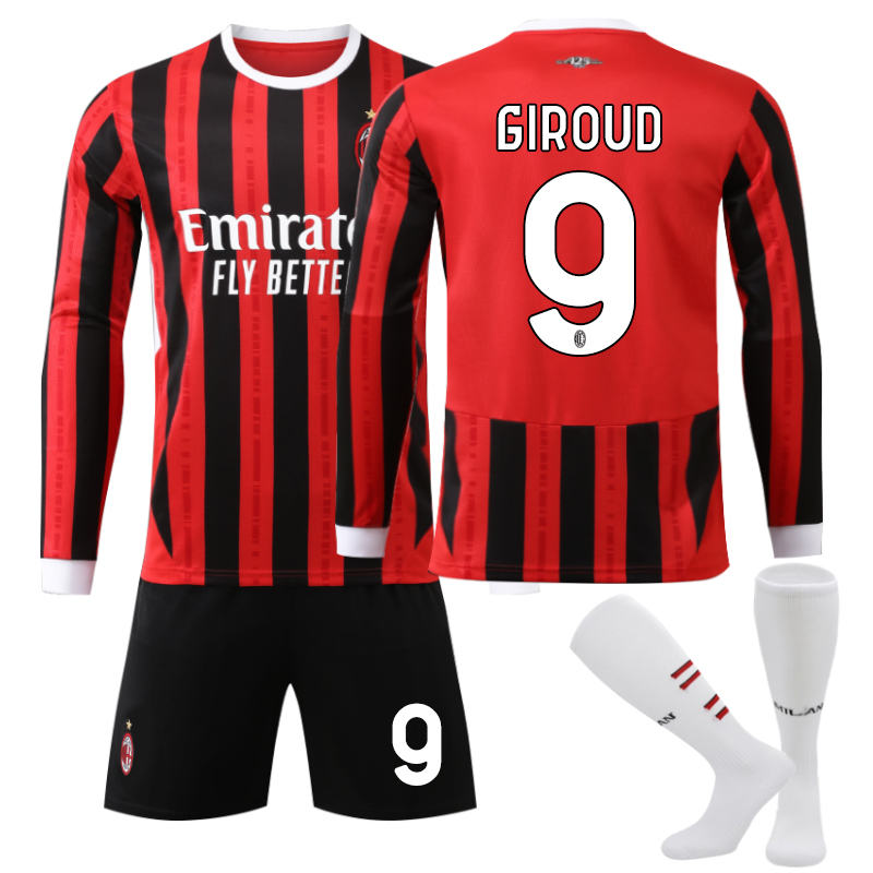 UONNO AC Milan Home GIROUD #9 Soccer Jersey Kids Adult 3Pcs Long Sleeve Outfits