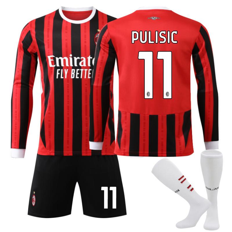 UONNO AC Milan Home PULISIC #11 Soccer Jersey Kids Adult 3Pcs Long Sleeve Outfits