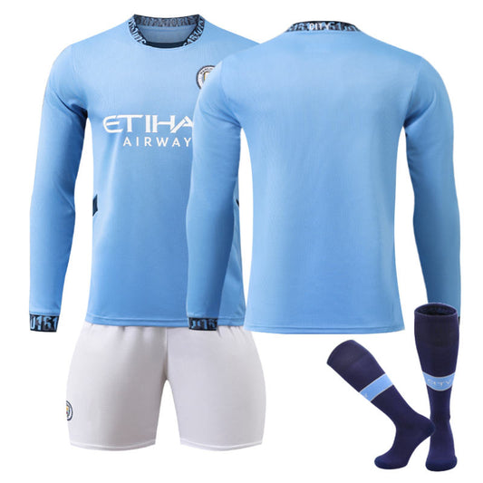 UONNO Manchester City Home Soccer Jersey Kids Adult 3Pcs Long Sleeve Outfits