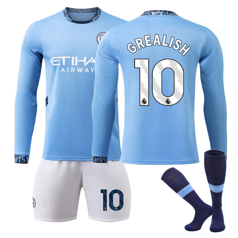 UONNO Manchester City Home GREALISH #10 Soccer Jersey Kids Adult 3Pcs Long Sleeve Outfits