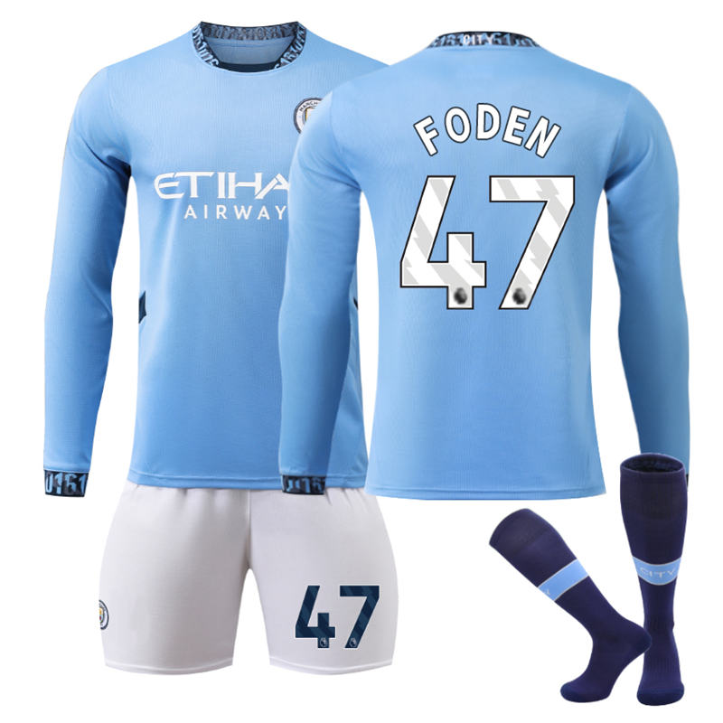 UONNO Manchester City Home FODEN #47 Soccer Jersey Kids Adult 3Pcs Long Sleeve Outfits