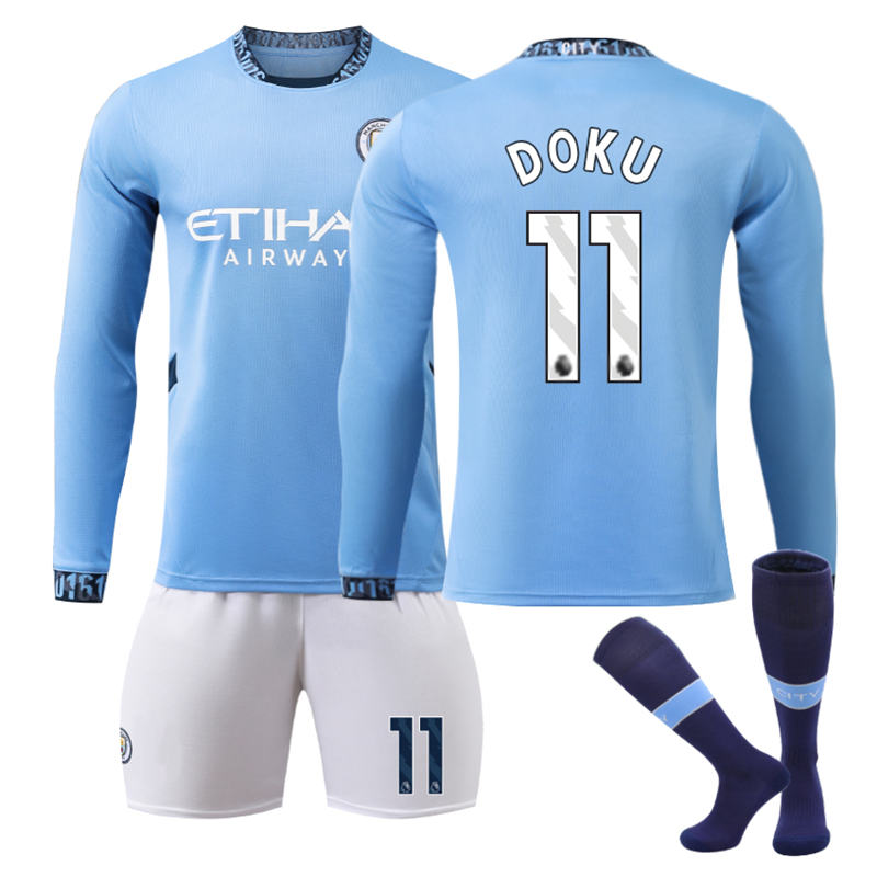 UONNO Manchester City Home DOKU #11 Soccer Jersey Kids Adult 3Pcs Long Sleeve Outfits