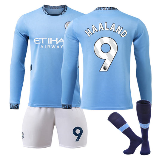 UONNO Manchester City Home HAALAND #9 Soccer Jersey Kids Adult 3Pcs Long Sleeve Outfits