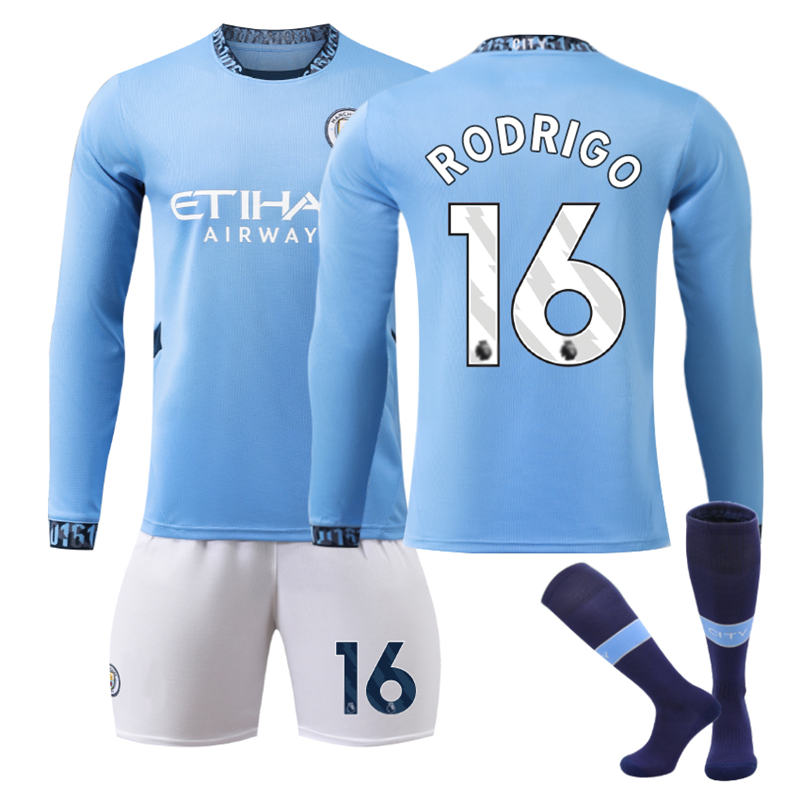 UONNO Manchester City Home RODRIGO #16 Soccer Jersey Kids Adult 3Pcs Long Sleeve Outfits